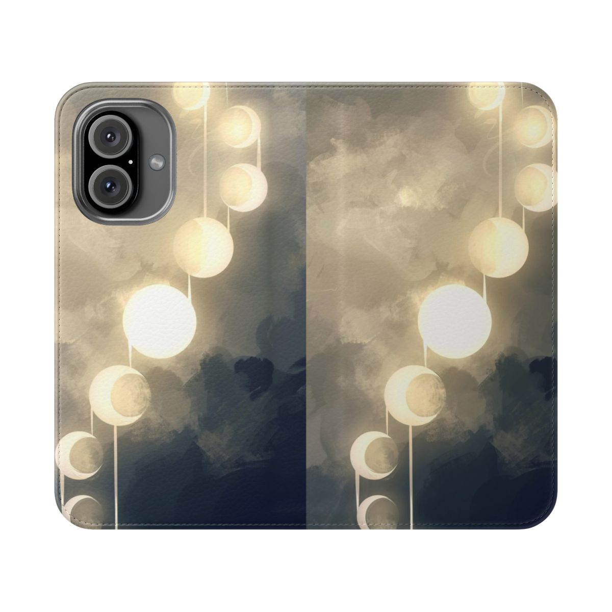 Flip cover phone case with a design featuring various phases of the moon against a celestial, glowing backdrop.