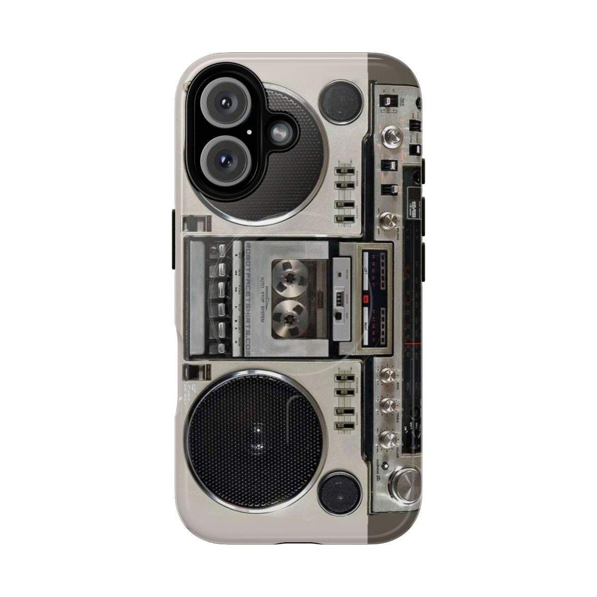 Vintage-style 80s boombox phone case with magnetic closure and tough design