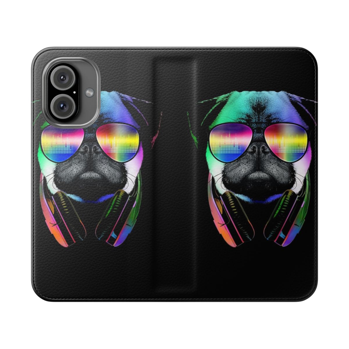 Colorful pug dog wearing headphones on a phone case