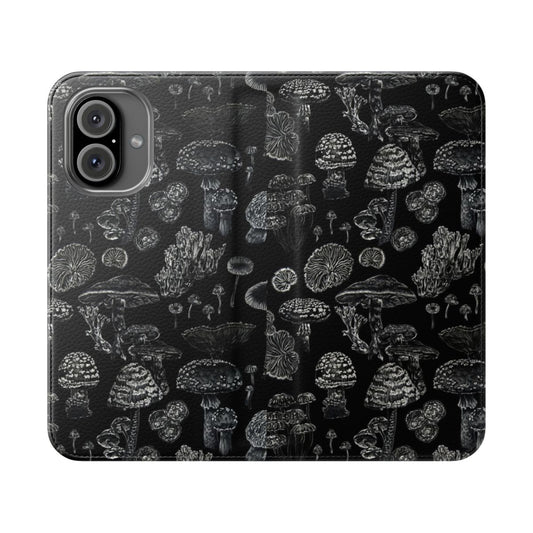 Black flip cover phone case with a botanical mushroom design