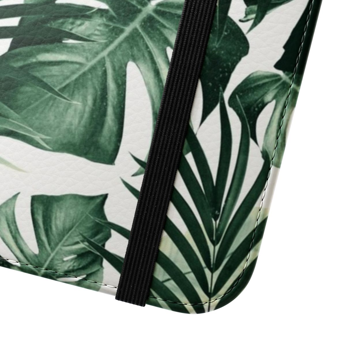 Closeup of a tropical leaves pattern phone case with shades of green leaves on a white background - Close Up