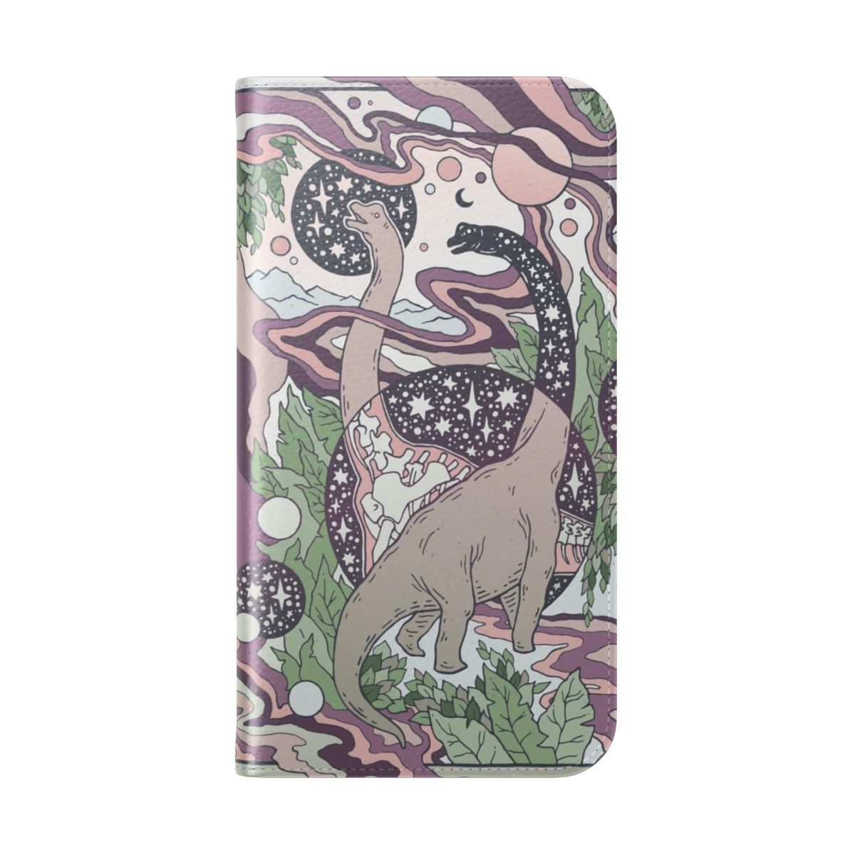 Colorful and vibrant phone case featuring a brachiosaurus dinosaur against a psychedelic, cosmic backdrop. - Folded Back