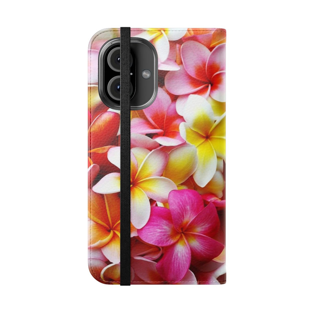 A vibrant phone case featuring a detailed illustration of pink and white plumeria flowers against a tropical background. - Folded Front