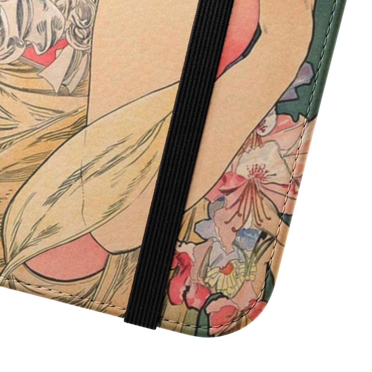 Vintage phone case with floral design inspired by the art of Alphonse Mucha - Close Up