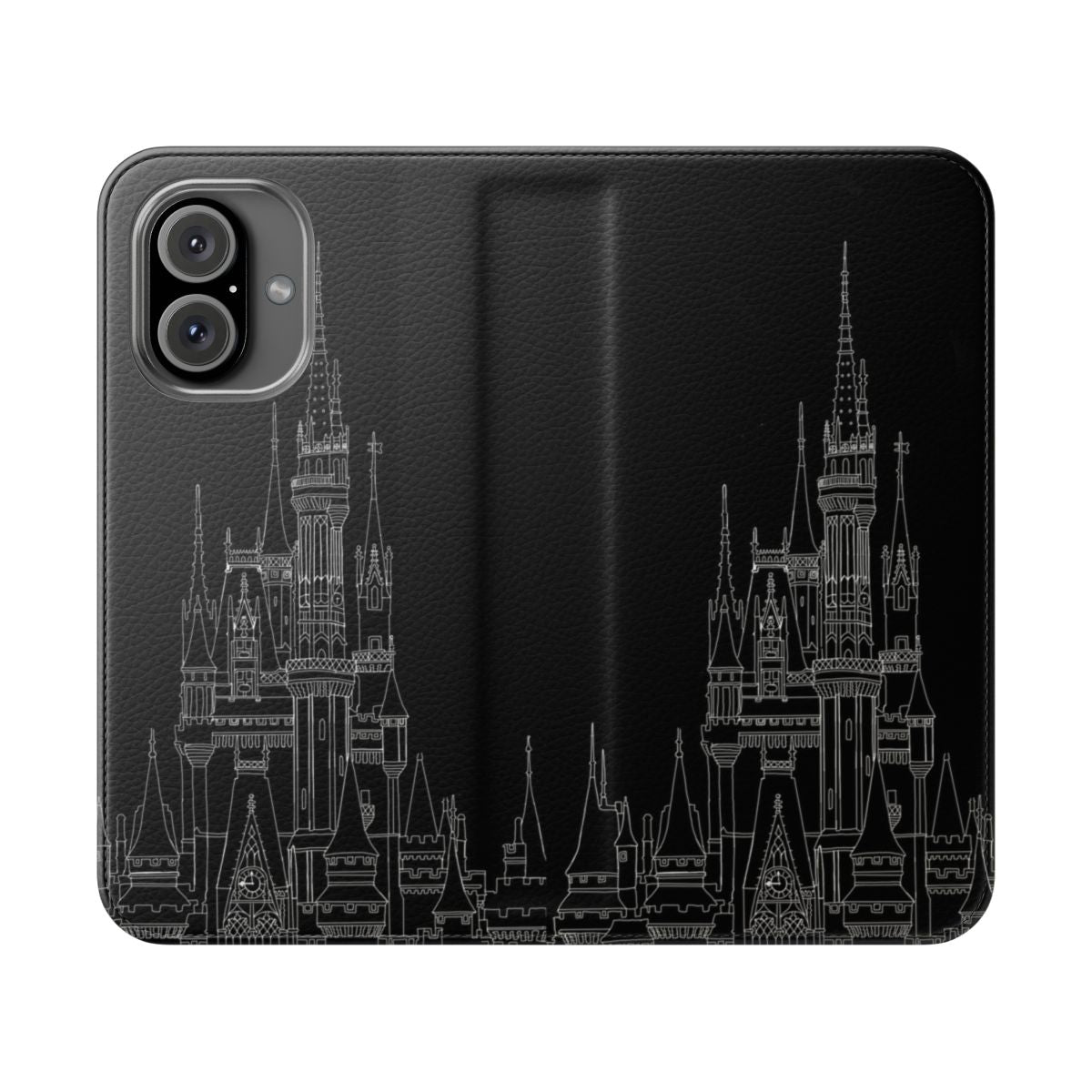 Cinderella's castle-themed phone case with a flip cover design