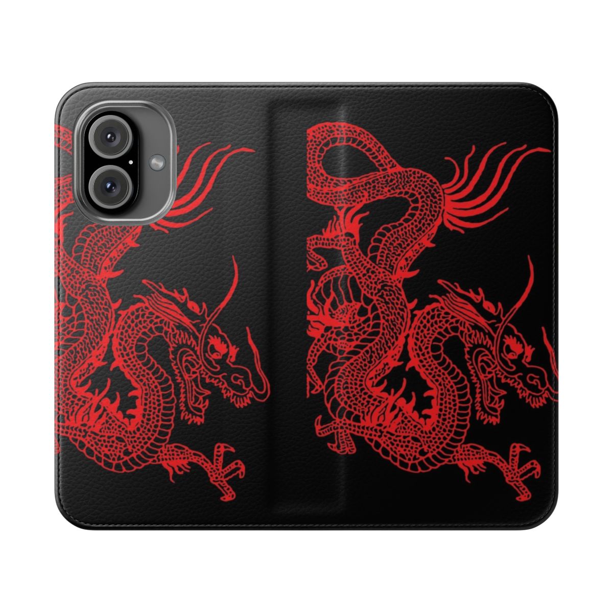 A red dragon-themed phone case with an eye-catching flip cover design.