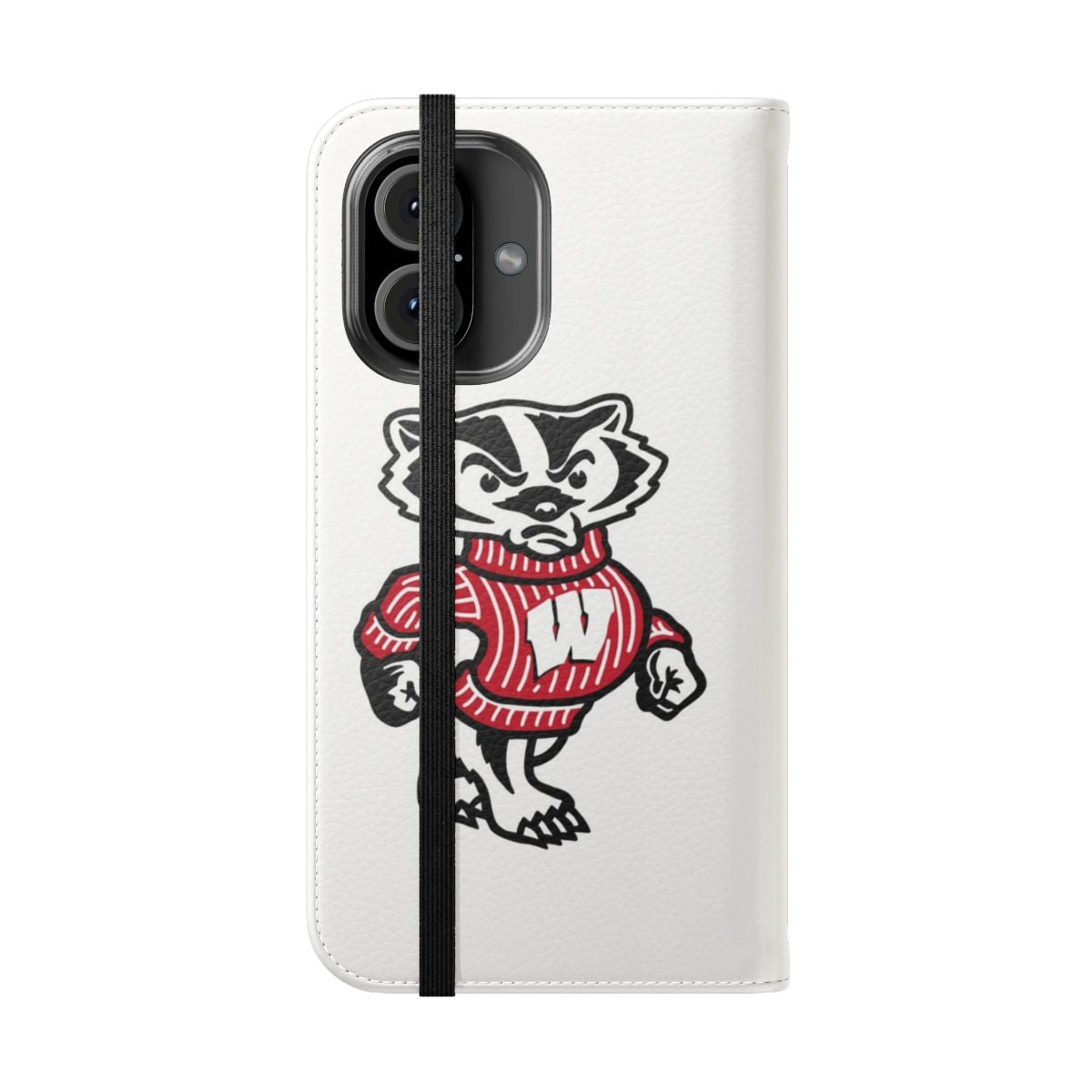 Red and white Bucky Badger logo on a flip phone case - Folded Front