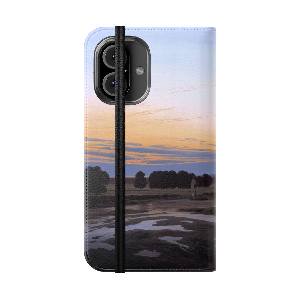 Flip cover phone case featuring a romantic landscape painting by German artist Caspar David Friedrich. - Folded Front