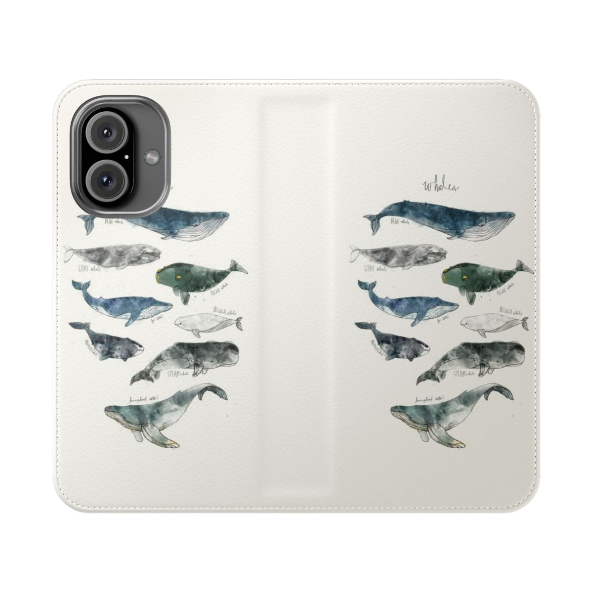 Watercolor illustration of whales on a smartphone flip cover case