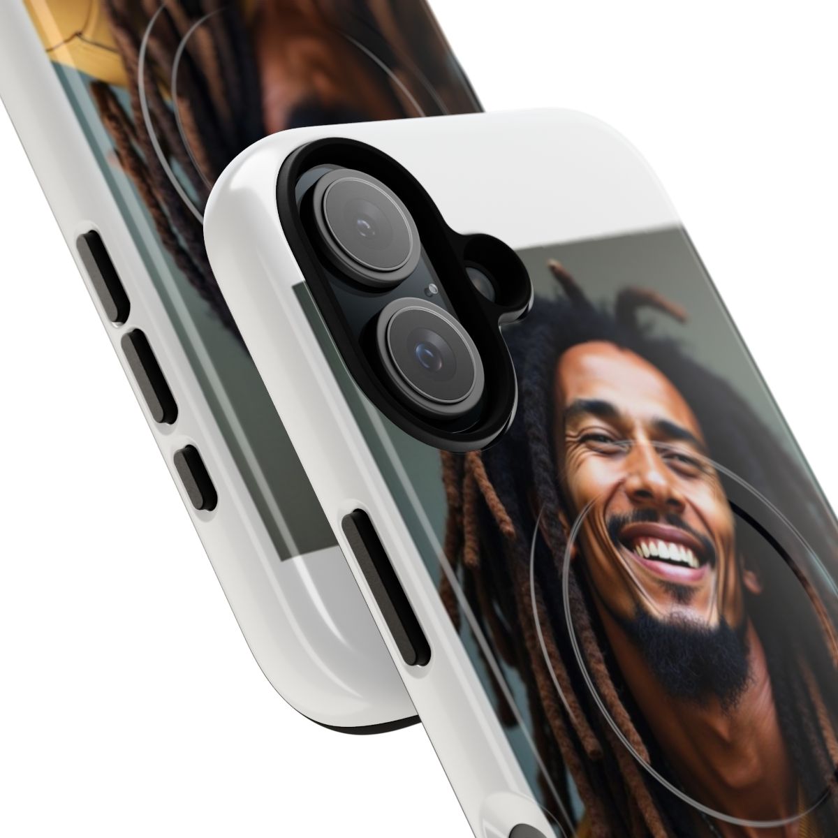 Stylish magnetic phone case featuring a colorful portrait of reggae icon Bob Marley - Detail