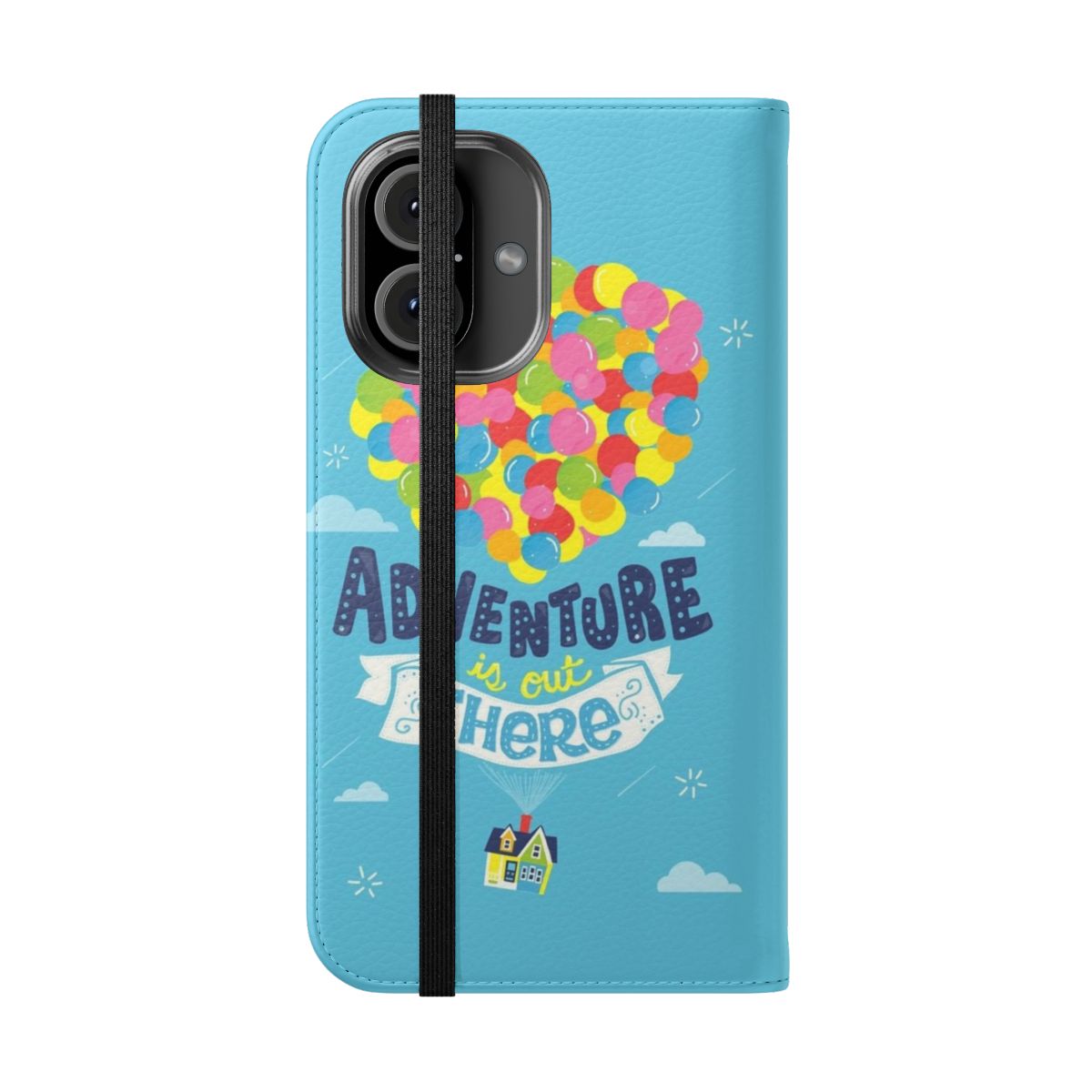 Flip cover phone case with "Adventure Is Out There" inspirational quote - Folded Front