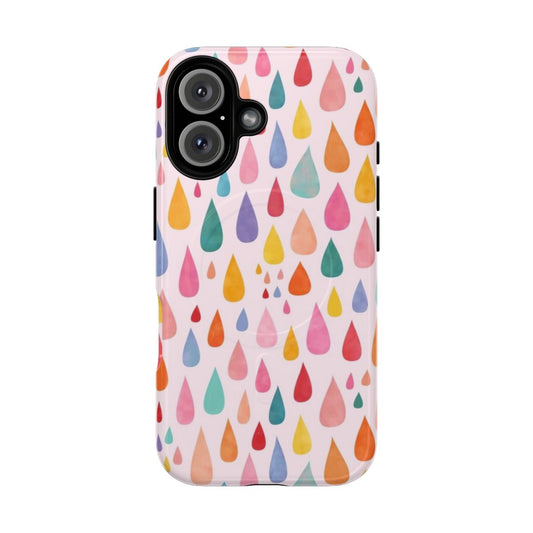 Colorful phone case with abstract rainbow raindrop pattern