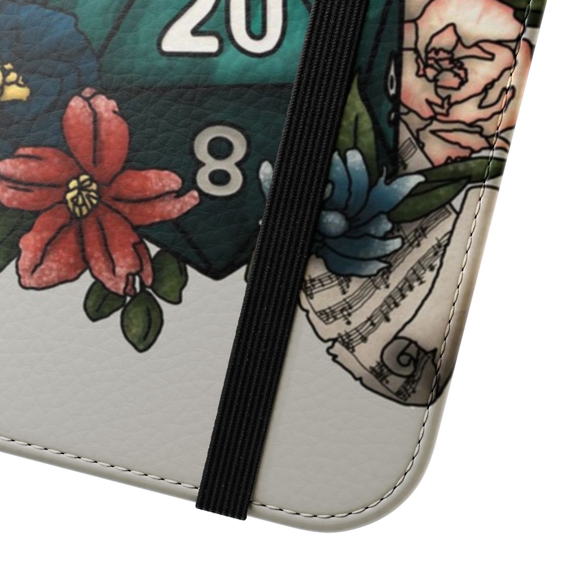 Bard-themed phone case with a D20 dice design for tabletop roleplaying gamers - Close Up