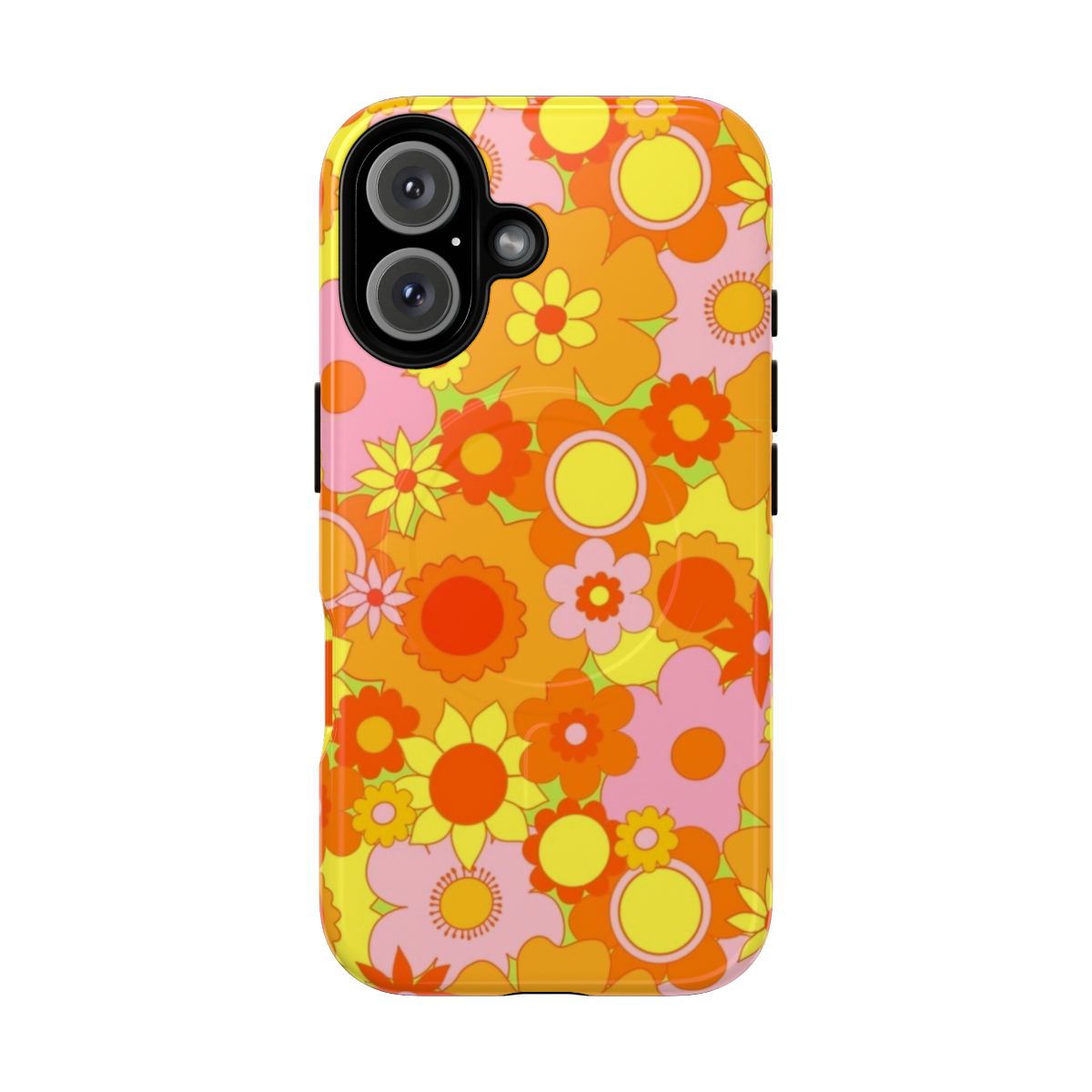 A colorful floral pattern phone case in retro 70s style