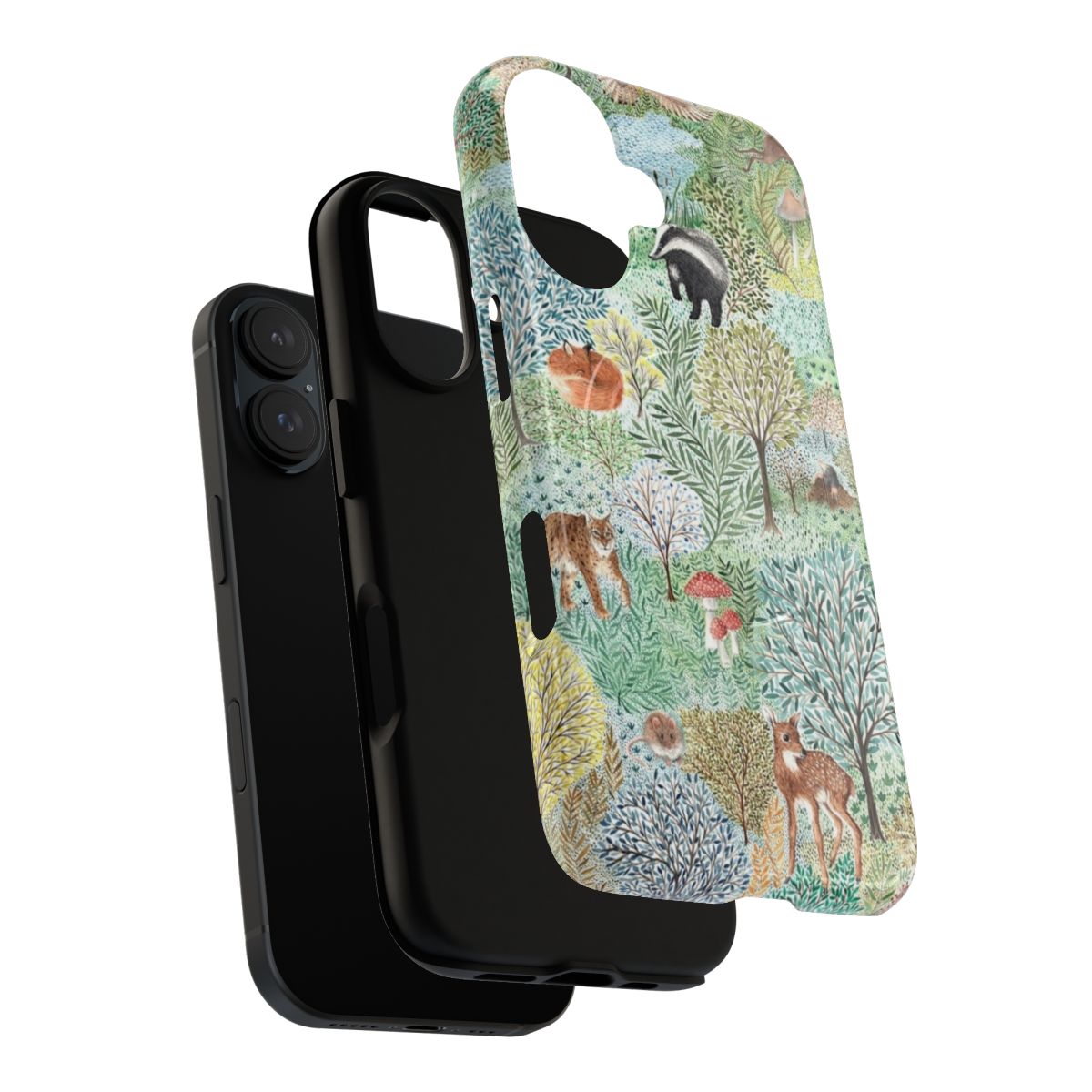 Artistic phone case featuring illustrations of woodland creatures and nature elements in the Windermere style. - Layers