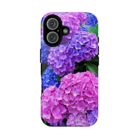 Closeup of beautiful purple and pink hydrangea flowers on a phone case