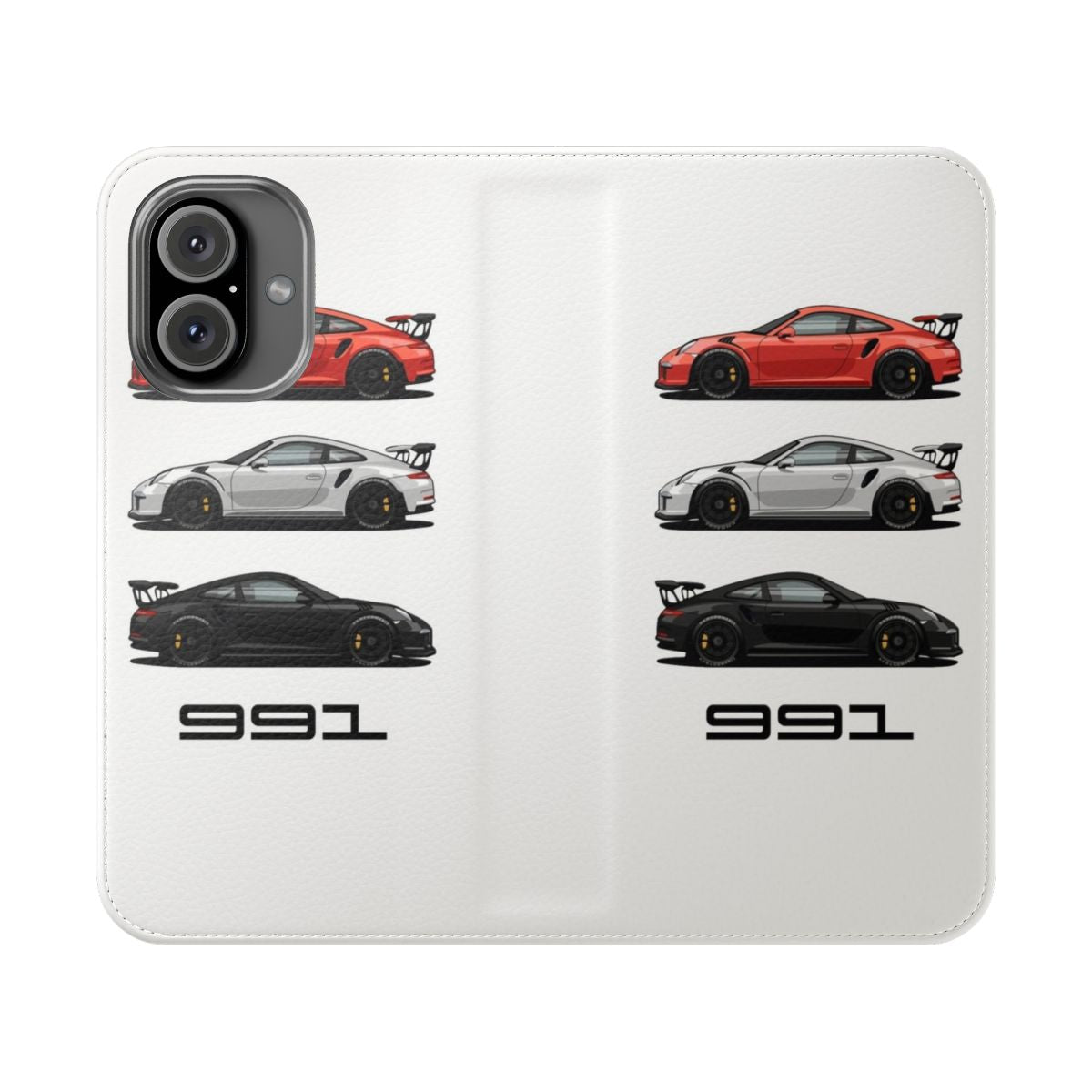 Porsche 911 GT3 RS-inspired flip cover phone case with classic car design