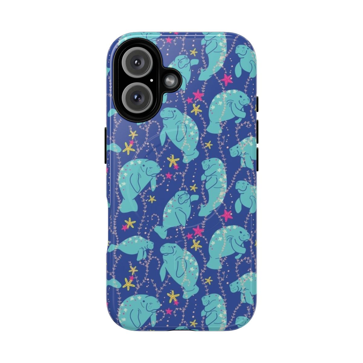 Bright and colorful phone case featuring a vibrant manatee design