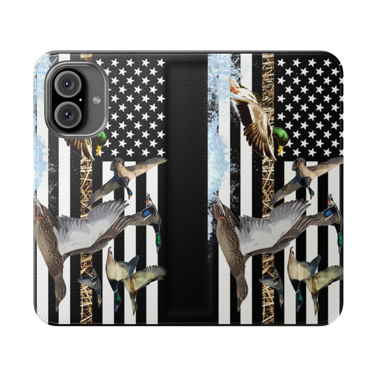 Flip cover phone case with a camouflage pattern featuring ducks in flight