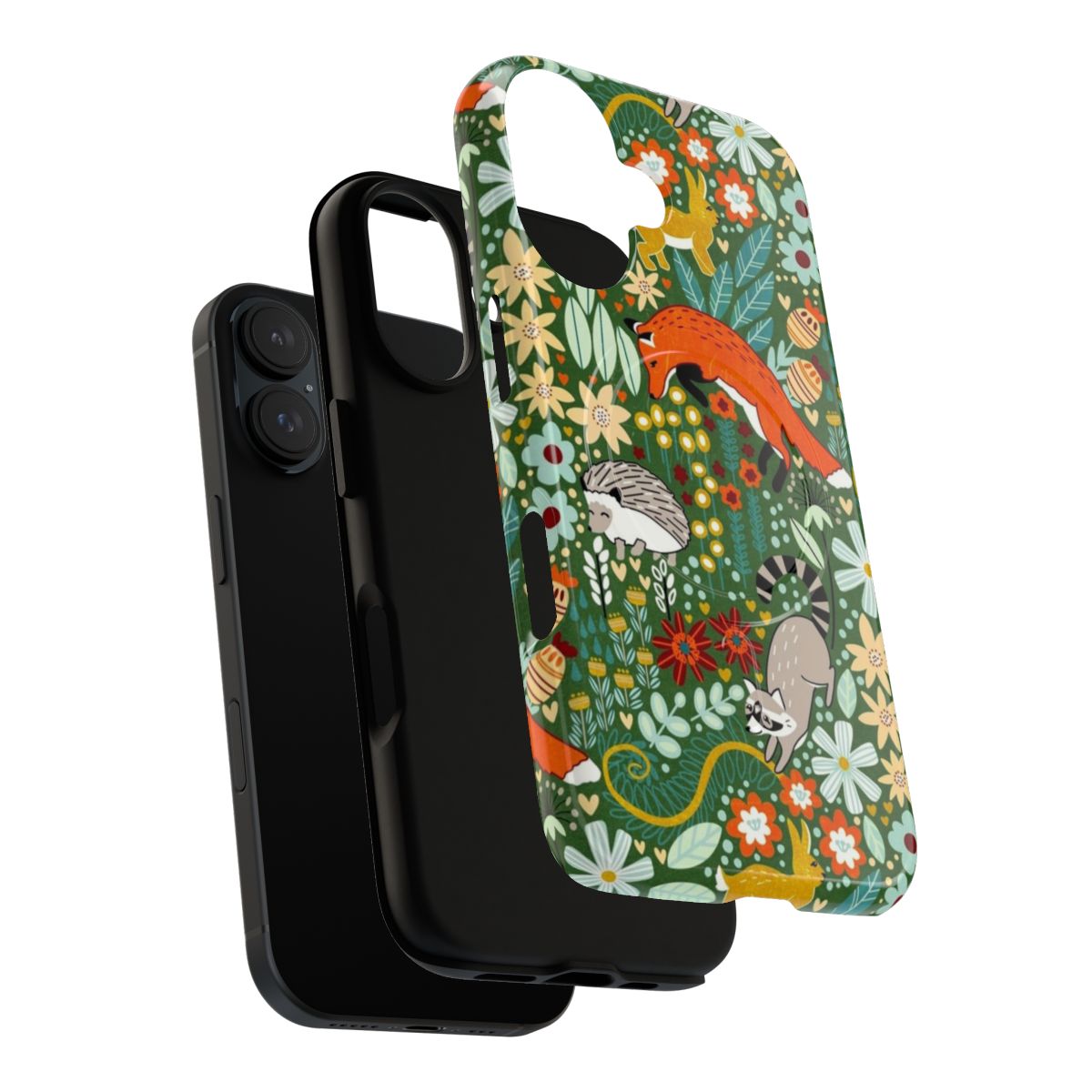 A textured green phone case featuring a hand-drawn digital illustration of woodland animals like foxes, raccoons, and rabbits. - Layers