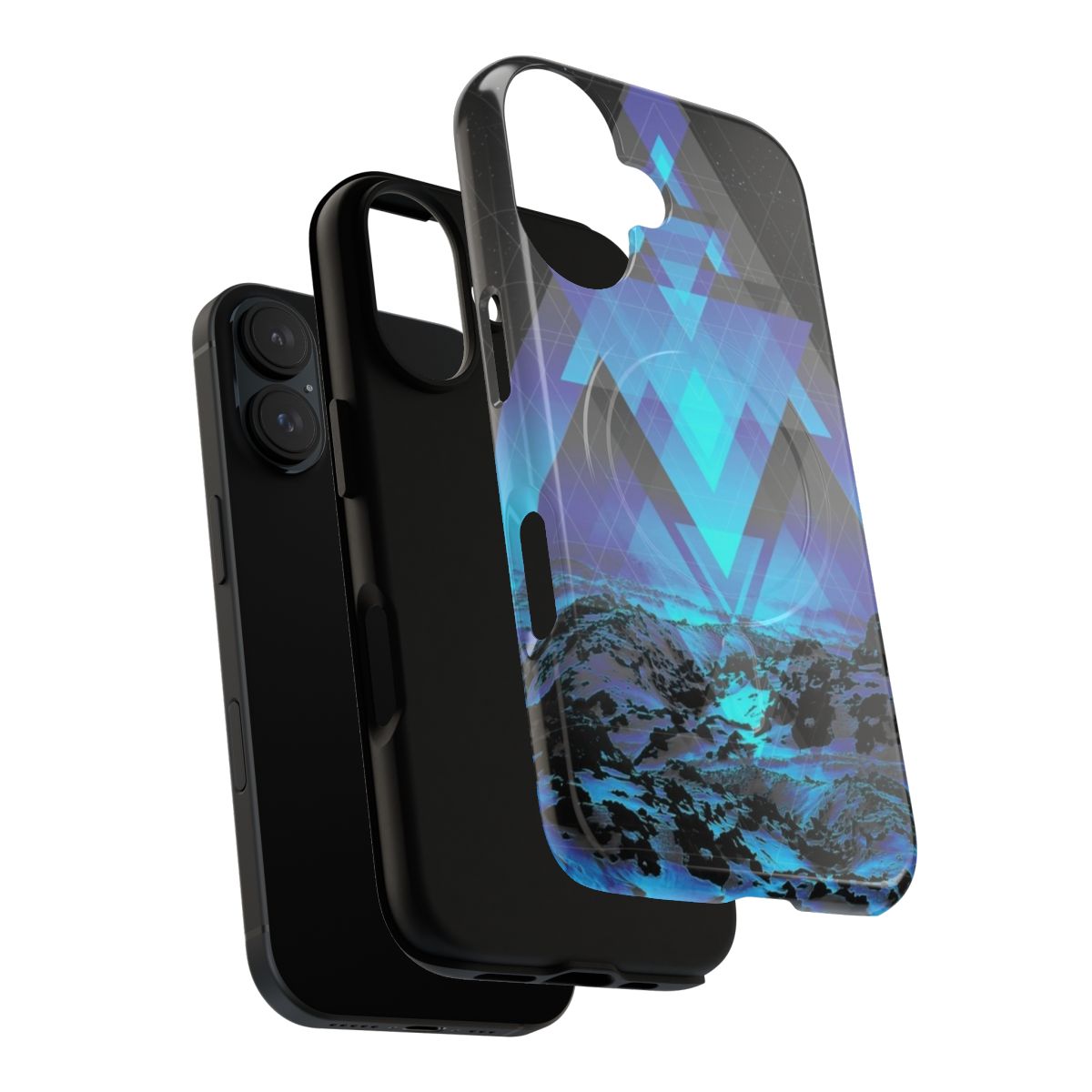 Geometric mountain phone case featuring a luminous, abstract landscape with minimalist design elements. - Layers