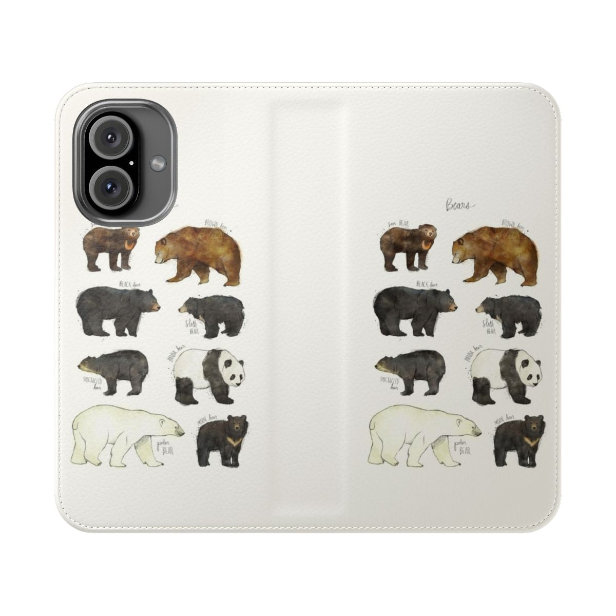 A stylish flip cover phone case featuring an illustration of a bear in a natural setting.