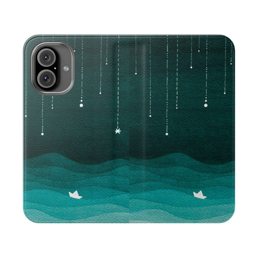 Teal phone case with a watercolor design featuring falling stars and a nautical theme