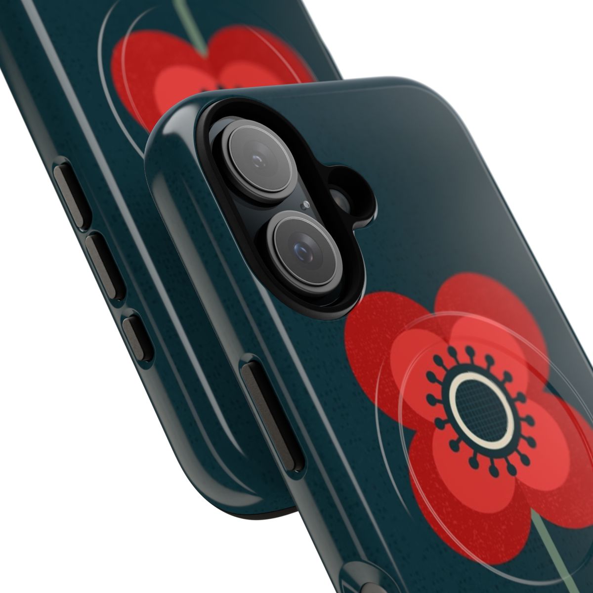 Vintage red poppy flowers on a forest green background, creating a retro floral pattern for a durable phone case. - Detail