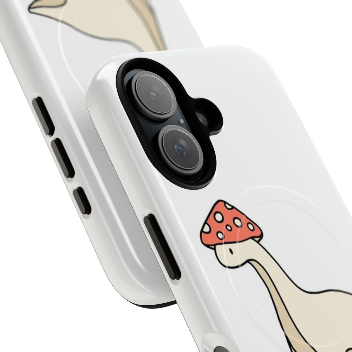 A phone case featuring a cute brontosaurus dinosaur and mushrooms in a simple, whimsical design. - Detail