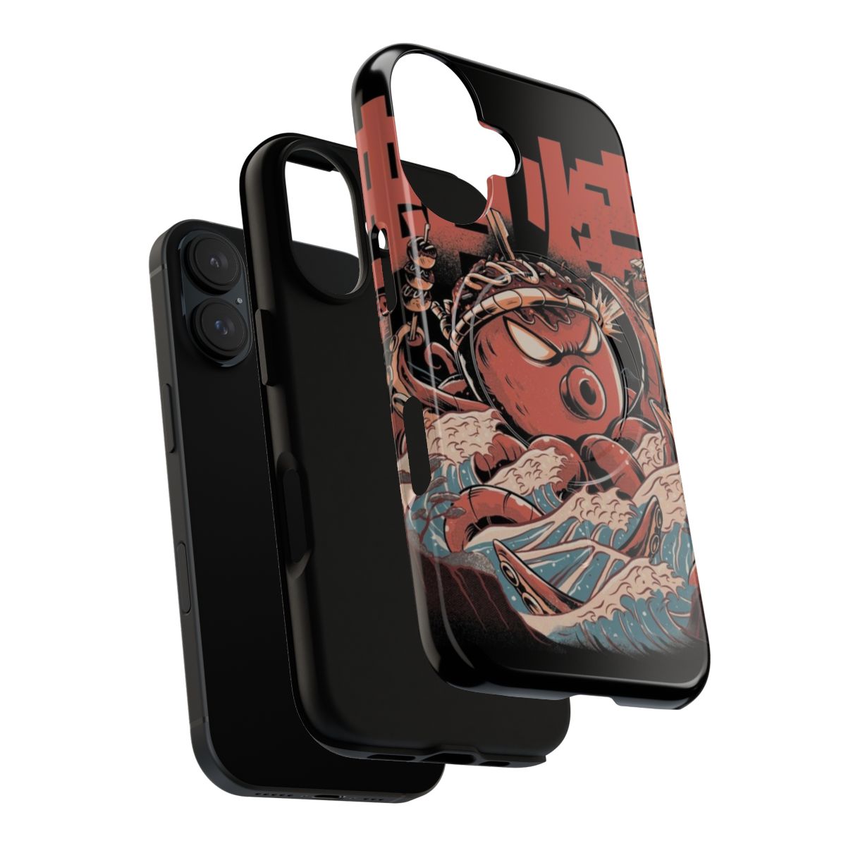 Vintage-style phone case featuring an illustration of takoyaki, a popular Japanese street food, with a kraken and waves in a retro manga style. - Layers