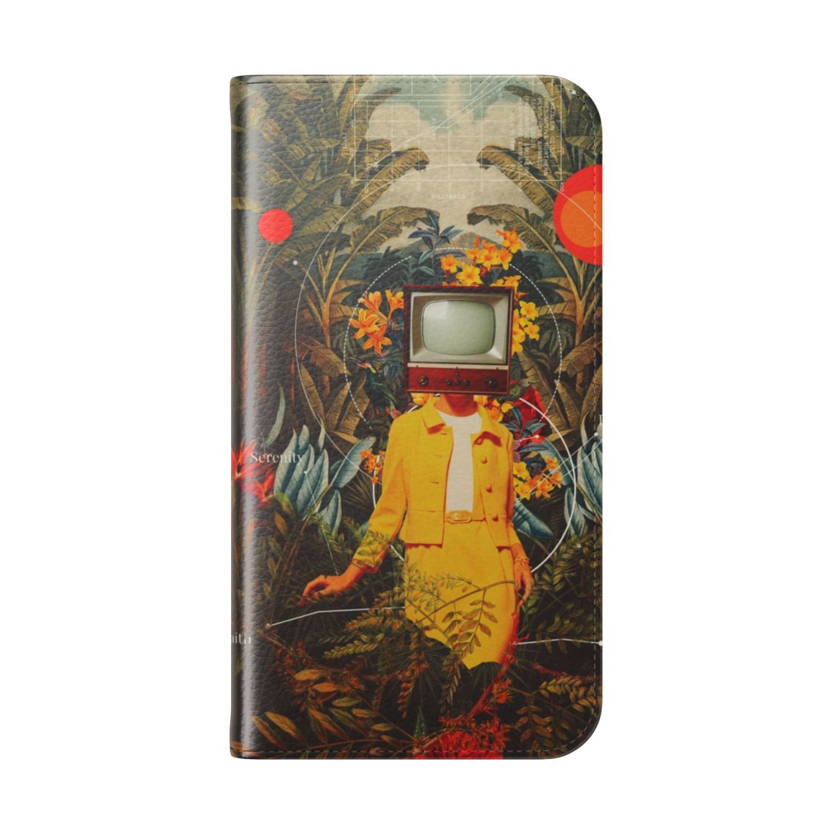 A vintage-style flip cover phone case featuring a surreal digital collage design with botanical elements and a woman in a natural, wilderness-like setting. - Folded Back