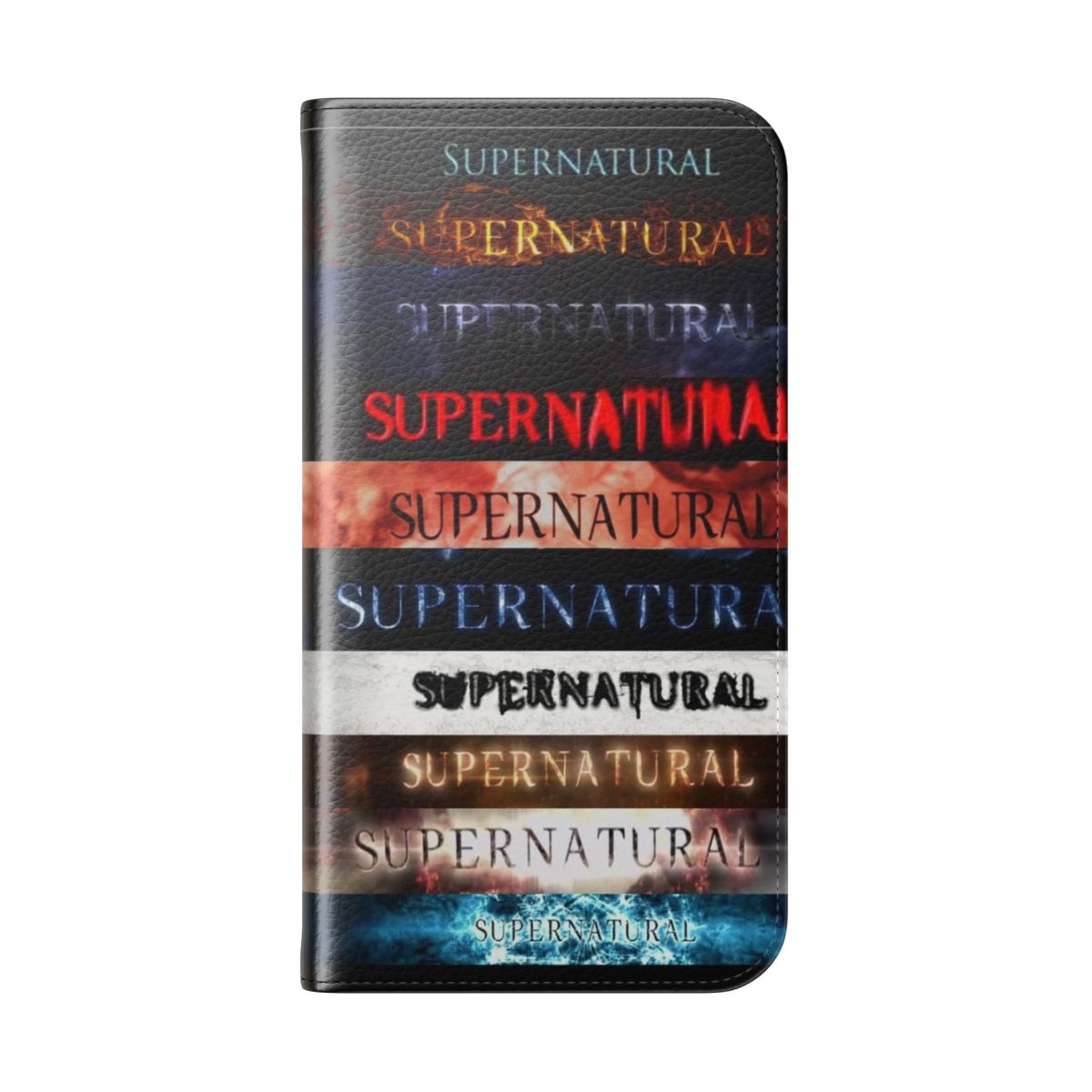 Flip cover phone case featuring the Supernatural TV show logo and character names - Folded Back