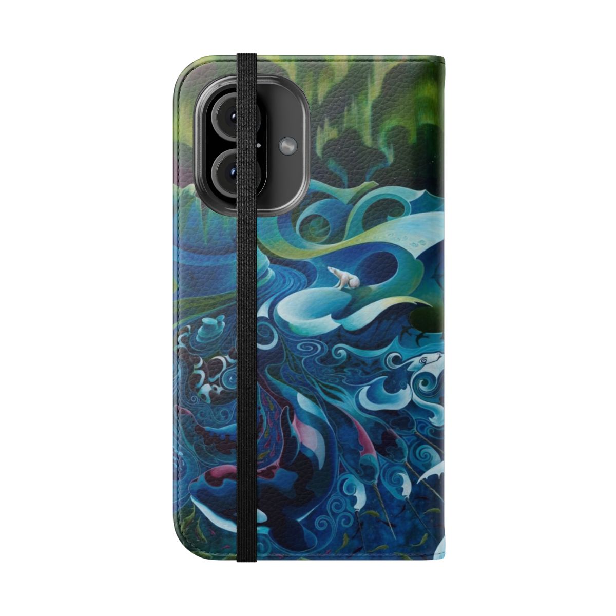 Colorful flip phone case featuring an artistic orca whale design on an arctic landscape background. - Folded Front