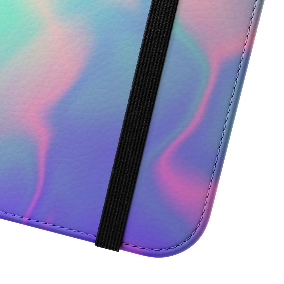 Vibrant rainbow-colored holographic and iridescent flip cover phone case - Close Up