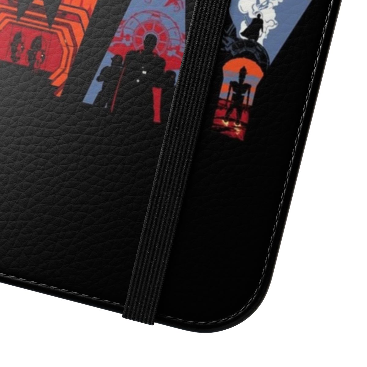 Stylish sci-fi inspired flip cover phone case with Mandalorian, Star Wars, and futuristic elements - Close Up