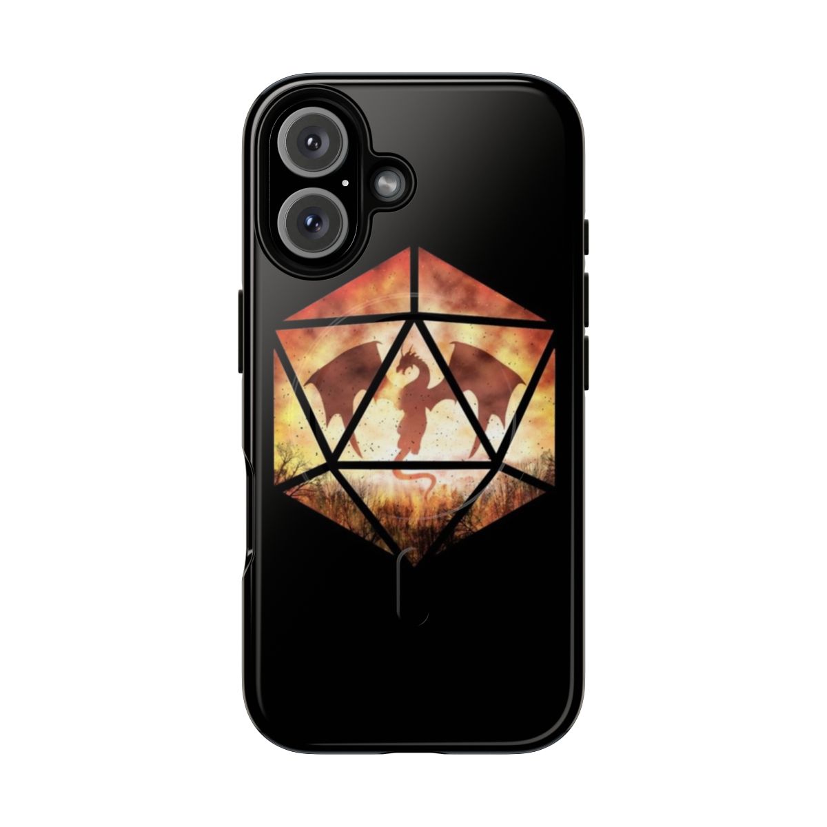 Fire dragon-themed D20 magnetic tough phone case for RPG enthusiasts