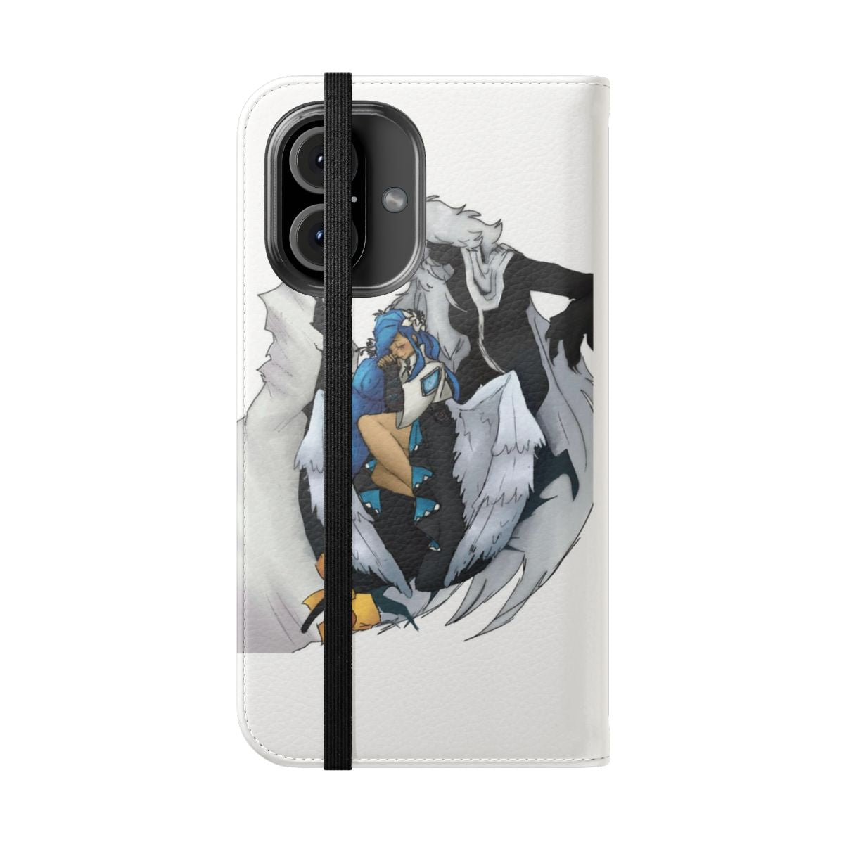 Transparent flip phone case with a colorful Dizzy design from the Guilty Gear video game series. - Folded Front