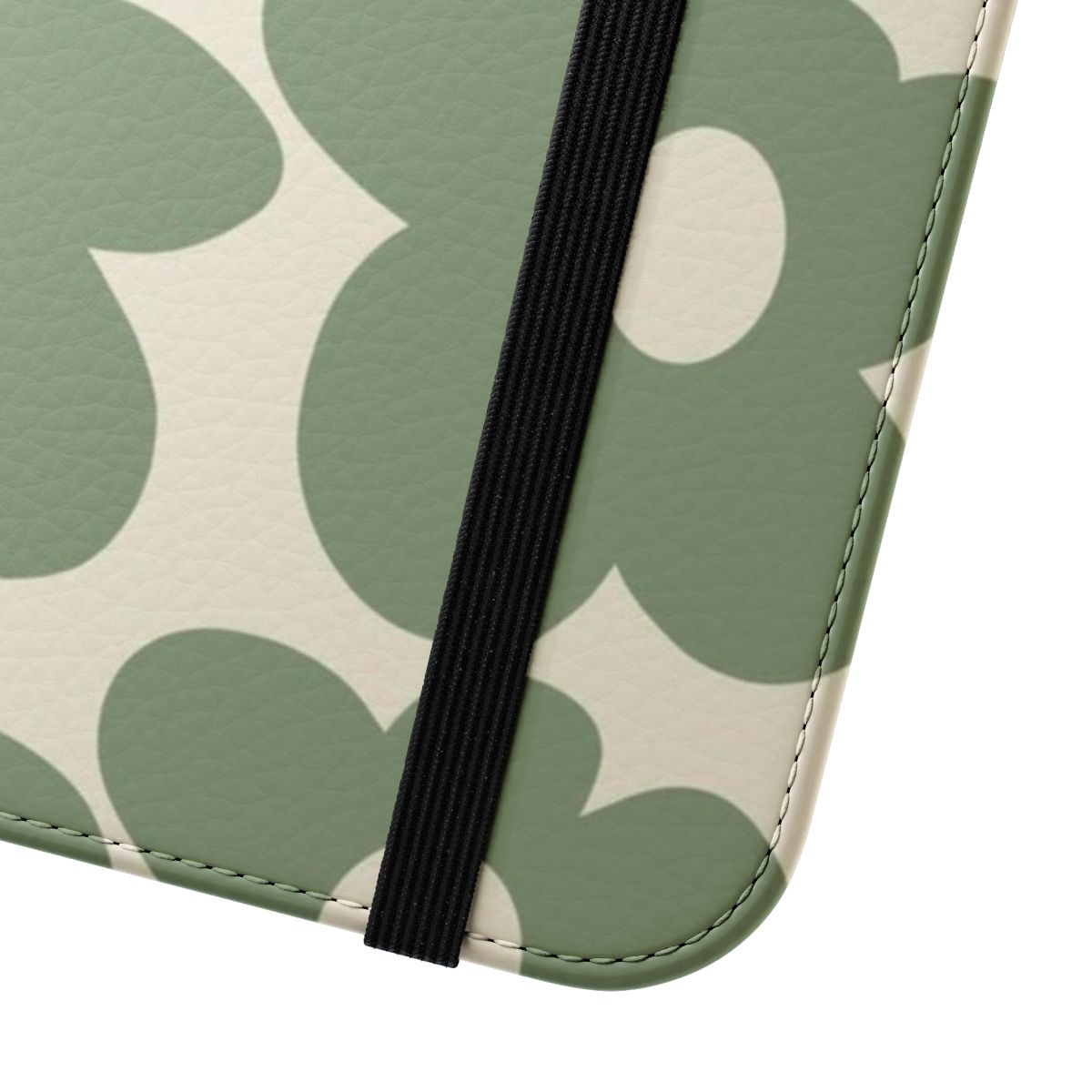 Sage green phone case with groovy, retro-inspired floral design - Close Up