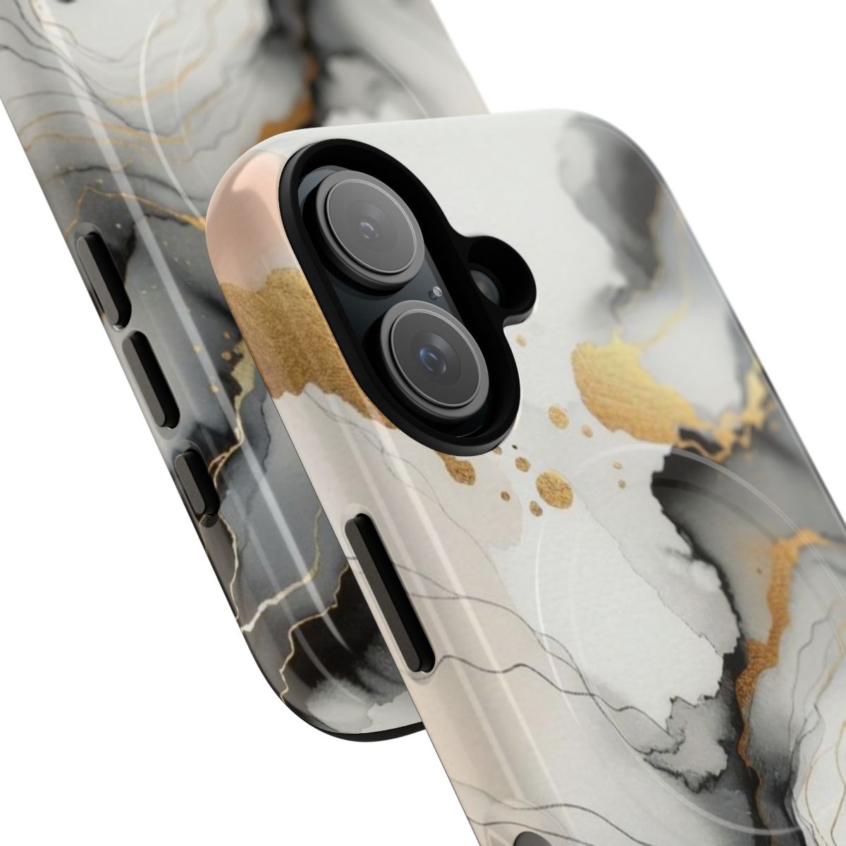 Ethereal cartography-themed phone case with abstract art, flowing lines, and gold accents on a white background - Detail