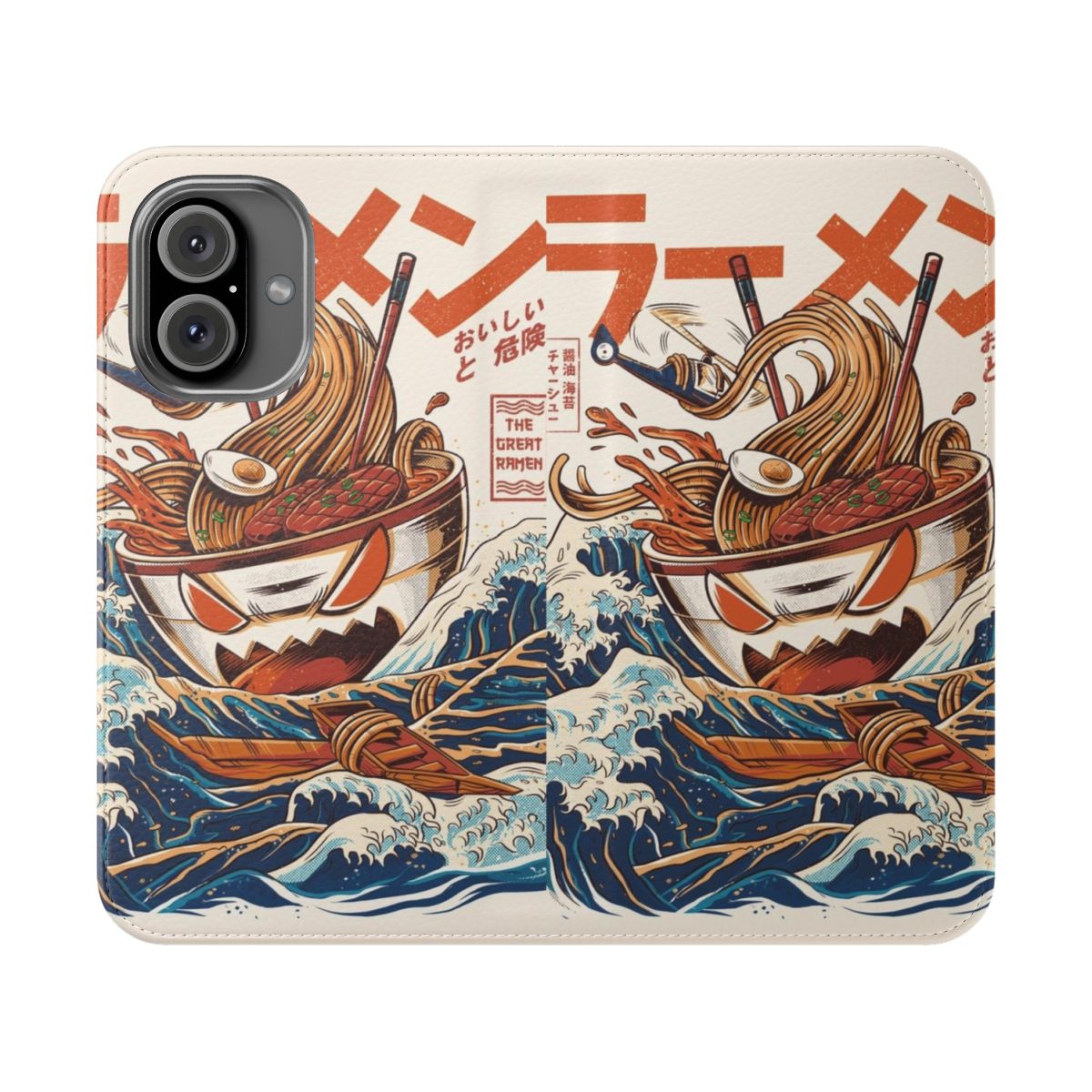 Vibrant anime-style illustration of a ramen bowl with a retro Japanese wave pattern on a smartphone flip cover case.