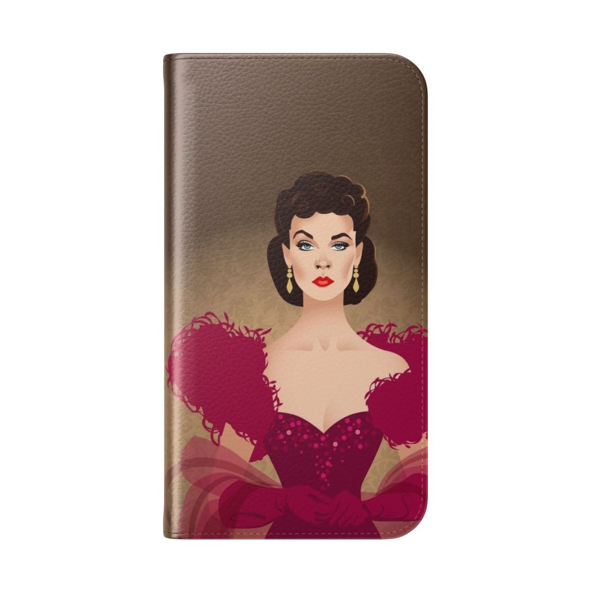 Burgundy dress-printed flip cover phone case with stylish art design - Folded Back