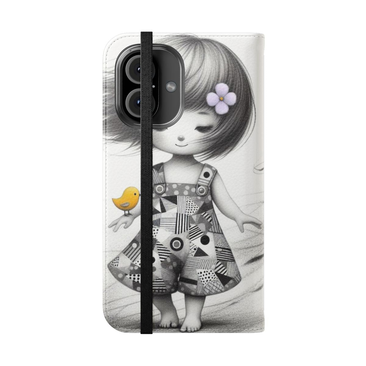 Cute cartoon-style illustration of a girl with a bob hairstyle and a bird on a flip cover phone case. - Folded Front