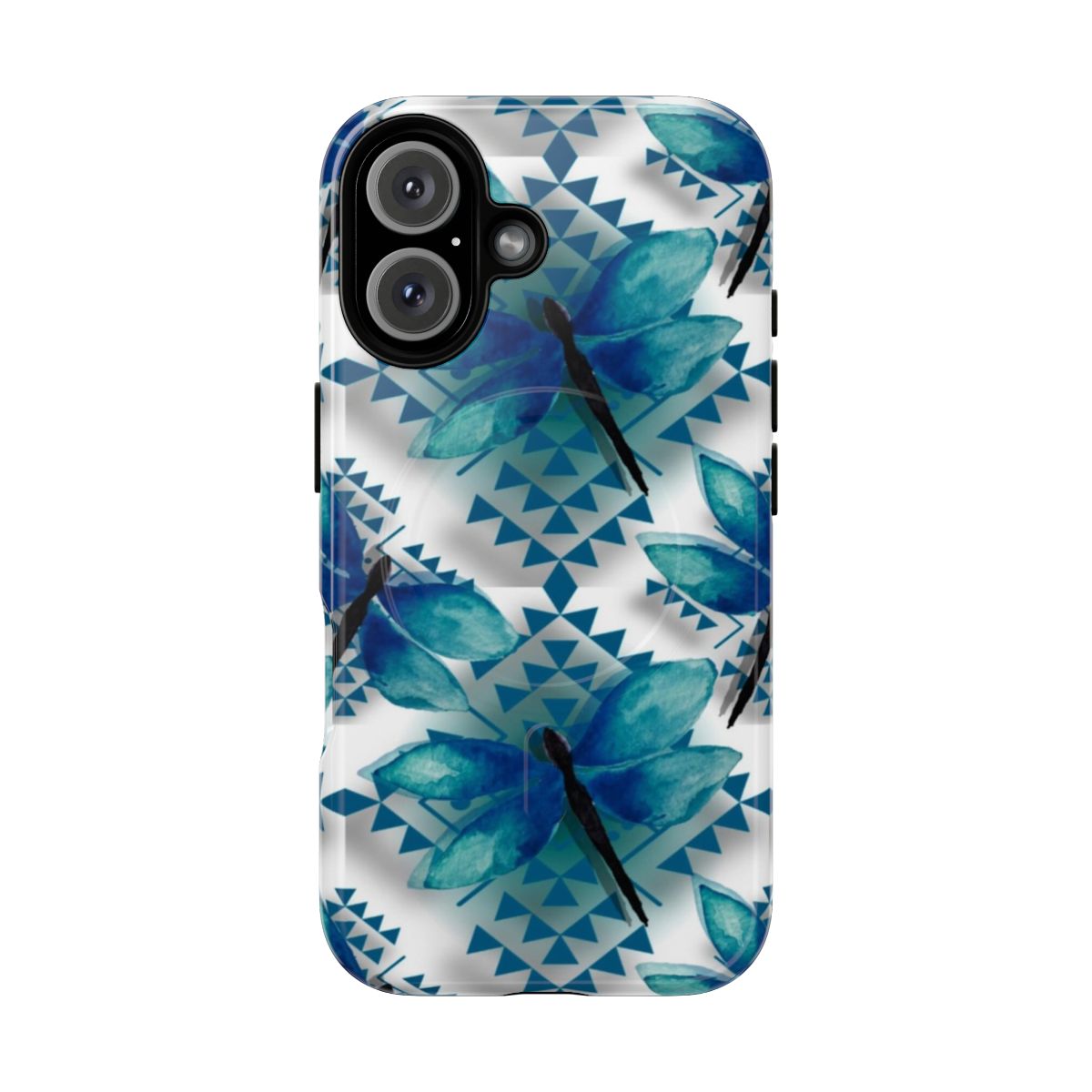 Turquoise and navy blue phone case with a native-inspired dragonfly and tribal pattern design