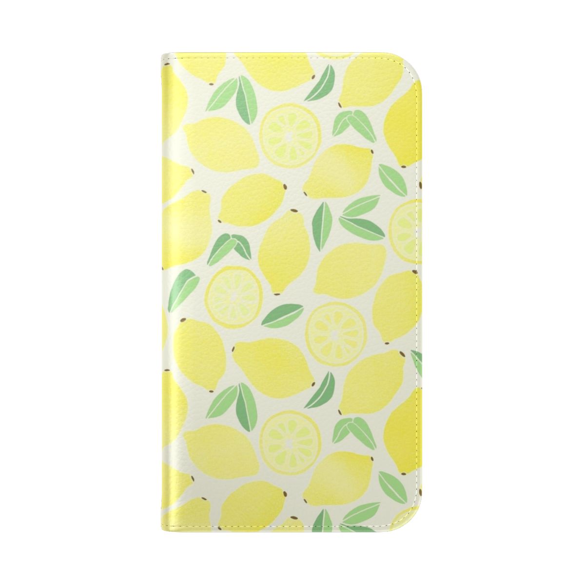 Vibrant summer lemon pattern phone case with green leaves and a cute, girly design. - Folded Back