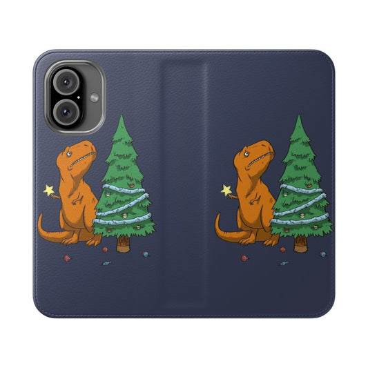 A colorful and humorous flip phone case featuring a cute t-rex dinosaur design