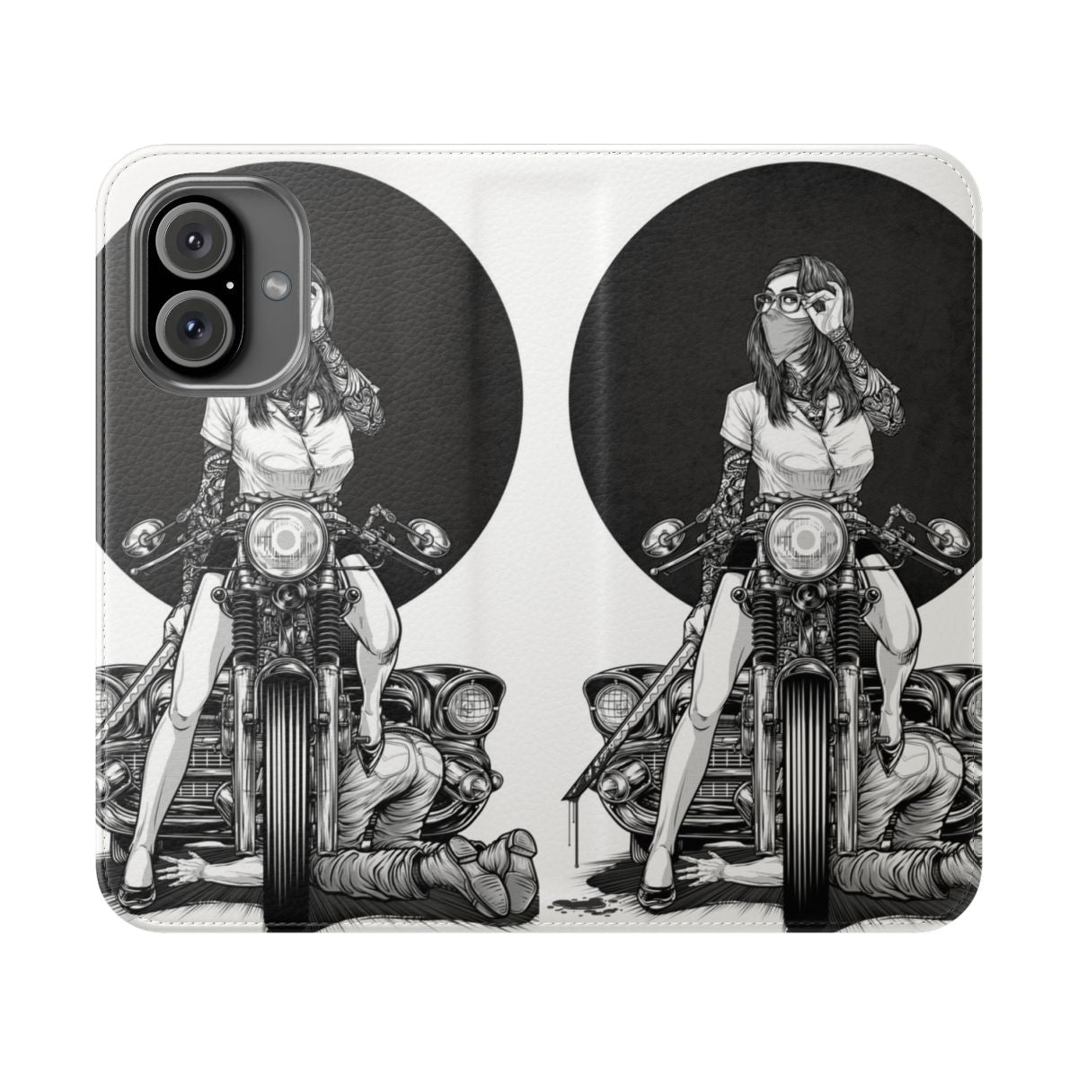 Flip cover phone case with vintage car, motorcycle, and manga inspired artwork