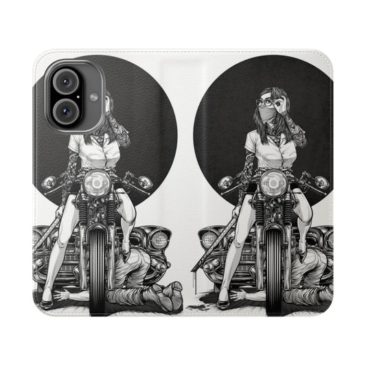 Flip cover phone case with vintage car, motorcycle, and manga inspired artwork