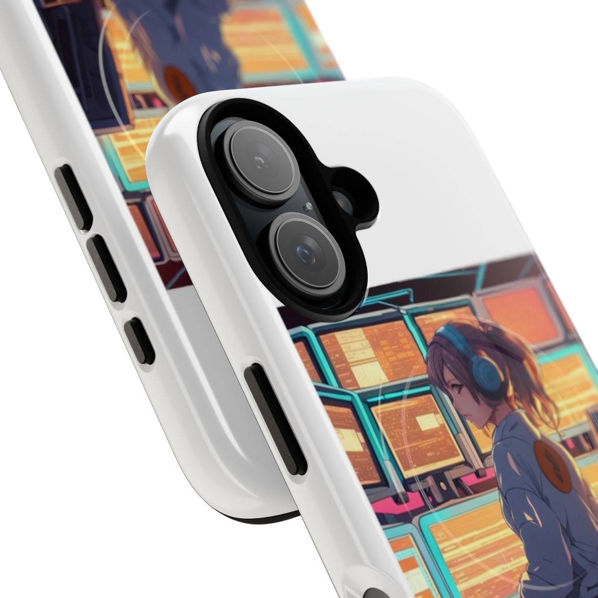 A magnetic tough phone case featuring a female hacker in a cyberpunk-inspired setting - Detail