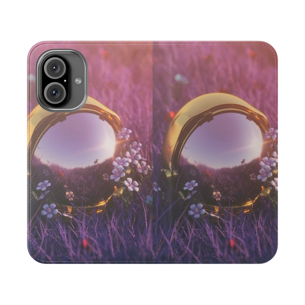 Trippy space-themed 3D rendered phone case with astronaut helmet, grass, and flowers