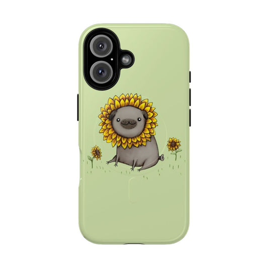 Magnetic phone case with a cute pug and sunflower design